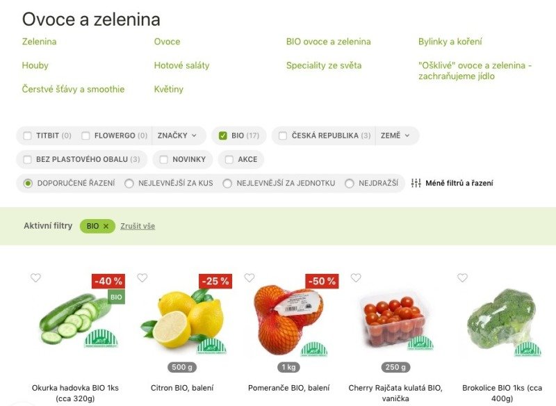 Nakupování na Rohlíku ekologicky. Stačí si vyfiltrovat BIO nebo bez plastového obalu. Zdroj: Rohlík.cz