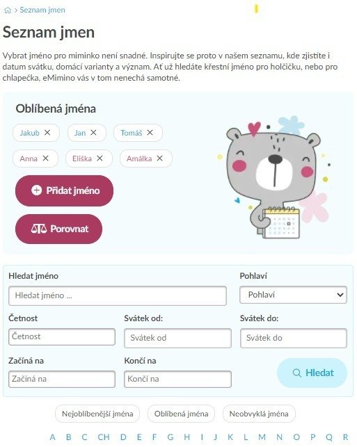 Náhled nového seznamu jmen na eMimino