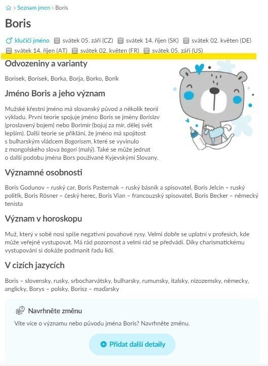 Náhled detailu jména Boris včetně nových svátků